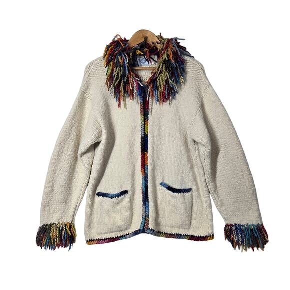 The Sweater Venture Hand Knit Wool Alpaca Cardigan Ivory Multi Fringe Zip Front - Picture 1 of 15